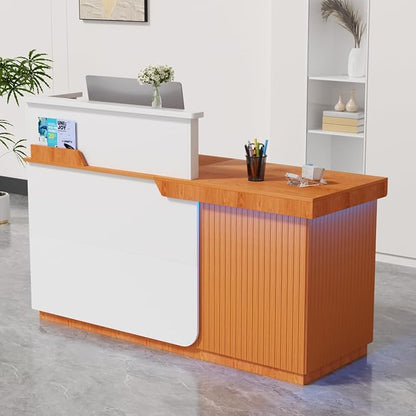 Kikihouse Modern Reception Desk with LED, 63” Fluted Front Desk with Lockable Drawer, Cabinet and Sliding Tray, Large Reception Counter Table for Office Lobby Nail Salon Clinic (Red Oak)