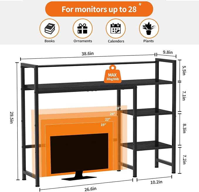 Snughome Desk Shelf, 38.6" Desk Hutch for Computer Monitor, Desktop Organizer Shelf, 4 Tier Desk Display Rack, Wood Desktop Bookshelf Storage Rack for Home Office Dorm, Black