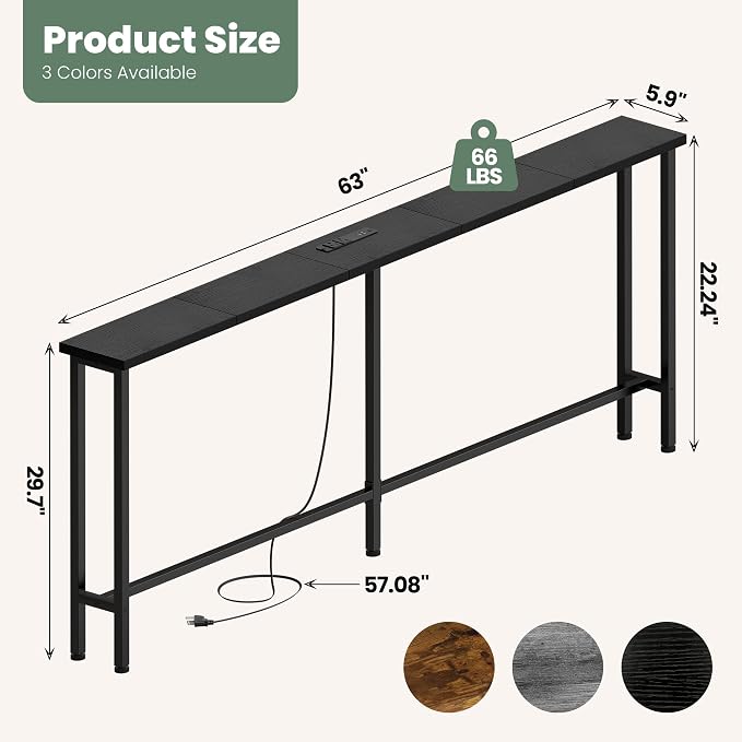 GRLEAF 63" Narrow Console Sofa Table with Built-in Power Strip (2 AC Outlets & 2 USB Ports) – 4.9ft Power Cord, Metal Frame, Easy Assembly, Ideal for Behind Couch, Hallway, and Home Office | Black