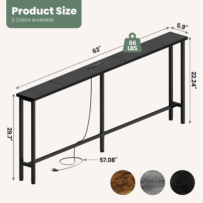 GRLEAF 63" Narrow Console Sofa Table with Built-in Power Strip (2 AC Outlets & 2 USB Ports) – 4.9ft Power Cord, Metal Frame, Easy Assembly, Ideal for Behind Couch, Hallway, and Home Office | Black