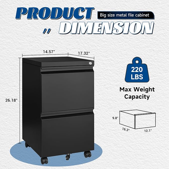 Fesbos 2 Drawers Vertical File Cabinet - Fully Assembled Black Under Desk Mobile Filling Cabinet Small Lockable Home Office File Cabinets for A4/Letter/Legal Size