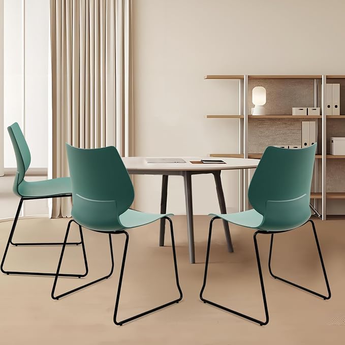 KLASIKA Stackable Waiting Room Chair, Stacking Office Chair with Ergonomic Lumbar Support and Metal Legs, Plastic Desk Chairs for Conference School Church Guest Reception Set of 4, Green