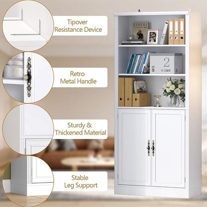 Thacuok 72'' Tall Bookcase with Doors, Adjustable Shelves, P2 MDF Construction, 32'' Wide Freestanding Cabinet with Metal Handles, Hidden Storage for Living Room, Bedroom