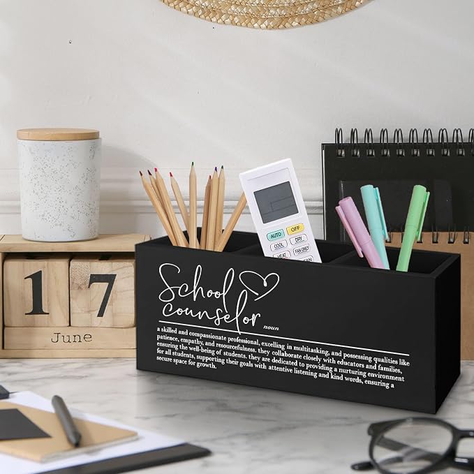 School Counselor Gifts Black Wooden Pen Pencil Holder for Desk, Appreciation Gifts for School Counselor Wood Makeup Brush Toothbrush Holder Organizer for Guidance Counseling Office