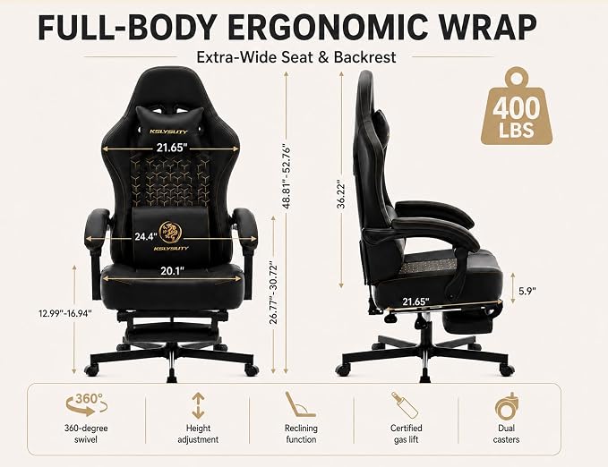 Office Desk Computer Gaming Chair for Adults, Ergonomic High Back Gamer Chair with Massage and Pocket Spring Cushion, Swivel Comfy Video Game Chairs with Footrest and Lumbar Support (Pro Black)