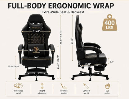Office Desk Computer Gaming Chair for Adults, Ergonomic High Back Gamer Chair with Massage and Pocket Spring Cushion, Swivel Comfy Video Game Chairs with Footrest and Lumbar Support (Pro Black)