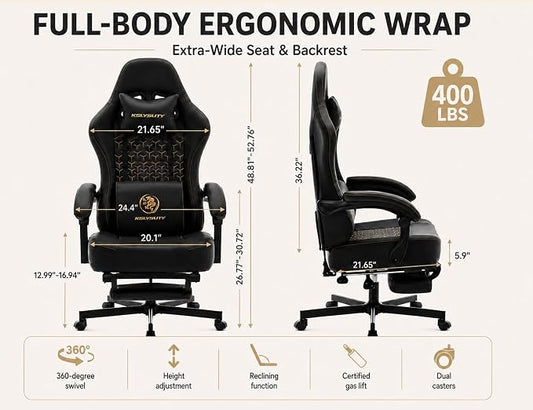 Office Desk Computer Gaming Chair for Adults, Ergonomic High Back Gamer Chair with Massage and Pocket Spring Cushion, Swivel Comfy Video Game Chairs with Footrest and Lumbar Support (Pro Black)