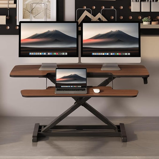FLEXISPOT Standing Desk Converter 42" Premium Large Desk Riser for Triple Monitor, Spacious Desktop Sit Stand Workstation with Ergonomic Height Adjustment, Modern Stand Up Desk Riser, Walnut