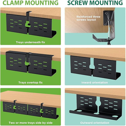 KEEGH 16" Under Desk Cable Management Tray, No Drill Clamp Mount, Extra Large Desk Cord Organizer Upgrade Capacity, Cord Management Tray for Home Office, Gaming Desk, Standing Desk, Black, 3 Pack