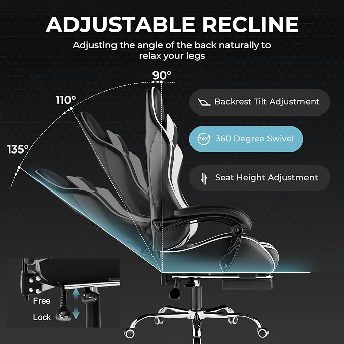GTPLAYER Gaming Chair, Computer Chair with Footrest and Lumbar Support, Height Adjustable Game Chair with 360°-Swivel Seat and Headrest and for Office or Gaming (White)