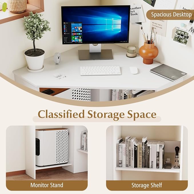 Giantex Corner Desk, Space-Saving Triangle Computer Desk with Storage Shelves & CPU Stand, Modern Makeup Vanity Table for Bedroom, Writing Desk for Small Spaces (White)