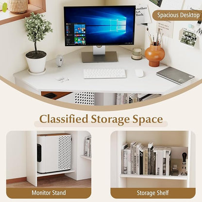 Giantex Corner Desk, Space-Saving Triangle Computer Desk with Storage Shelves & CPU Stand, Modern Makeup Vanity Table for Bedroom, Writing Desk for Small Spaces (White)