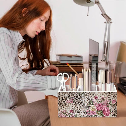Vintage Leopard Print Floral Pen Pencil Holder for Desk, Leopard Gifts for Women, Cheetah Room Decor Wooden Box Sign Decorations for Home Office Girls Room Bedroom Desk Tabletop
