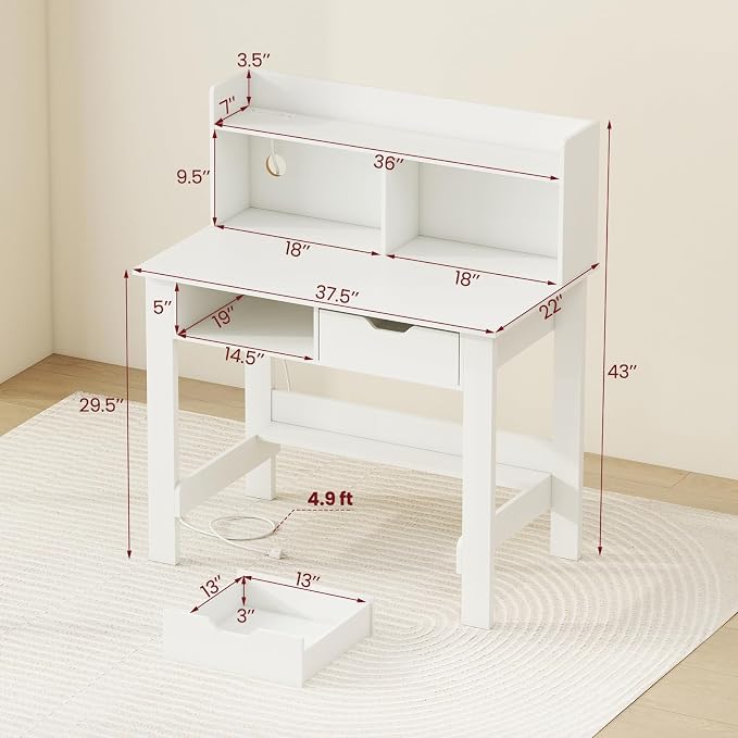 Giantex White Computer Desk with Hutch, Home Office Desk with Power Outlets, USB Ports, Type-C, Storage Shelf & Drawer, Modern Laptop PC Table Computer Workstation, Study Writing Desk for Bedroom