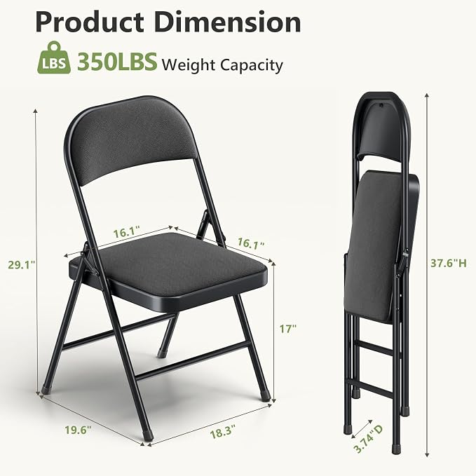 4 Pack Folding Chairs, Fabric Padded Folding Dining Chairs with Cushion Seat & Back, Indoor Outdoor Folding Chair Set for Home Office, Parties, Events, Wedding, Extra Guest Seating