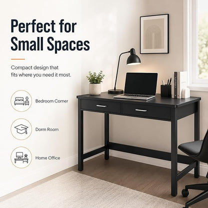 4NM 39.4" Small Desk with Wood Drawers, Home Office Computer Desk with Wooden Legs, Study Writing Table Vanity Desk for Small Spaces - Black