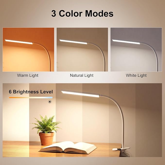 Vansuny Clip on Light LED Desk Lamp with Metal Clip, 6 Level Brightness 3 Color Modes, Power by USB Port 5W Adjustable Neck Eye-Caring Reading Light for Home and Office, White