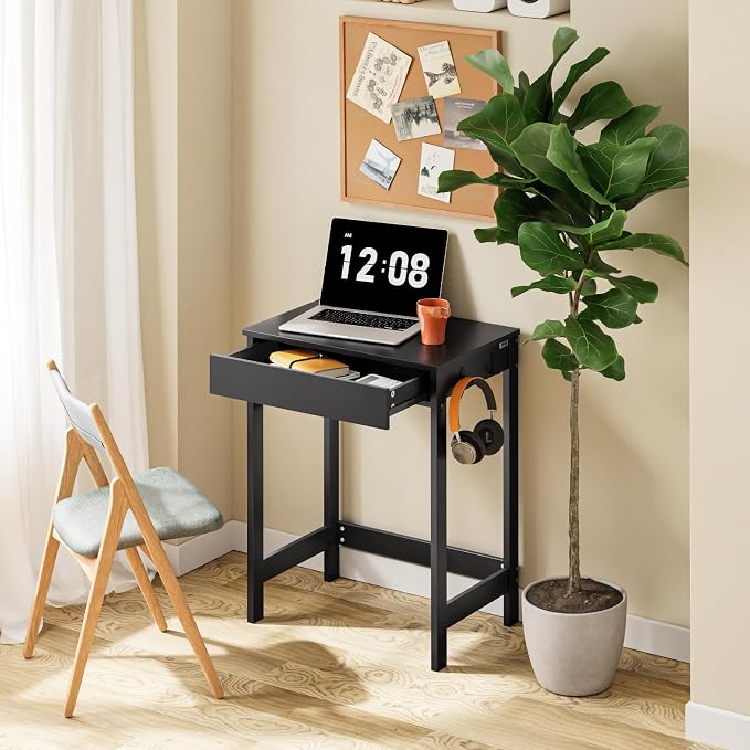 SoBuy Small Writing Desk with MDF Drawers, 24 inch Mini Desk with Side Hooks Suitable for Children Teenagers in Bedroom, Dorm, Living Room (Black, FWT43-SCH)