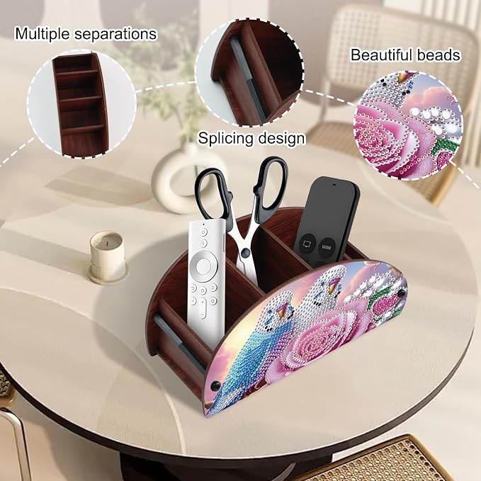 DIY Diamond Painting Tabletop Holder Lovebirds and Rose Design Handmade 5D Diamond Art Storage Box for TV AC Remotes Makeup Brushes Office Desktop Craft Valentine's Day Gift