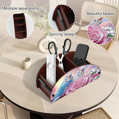 DIY Diamond Painting Tabletop Holder Lovebirds and Rose Design Handmade 5D Diamond Art Storage Box for TV AC Remotes Makeup Brushes Office Desktop Craft Valentine's Day Gift