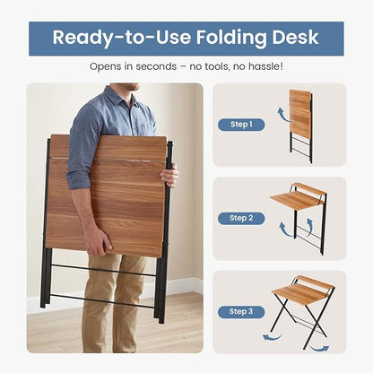 DUMOS Small Folding Desk with Shelf, No-Assembly Foldable Computer Desk for Tight Spaces, Portable Table for Bedroom, Home Office, Dorm or Apartment, Brown