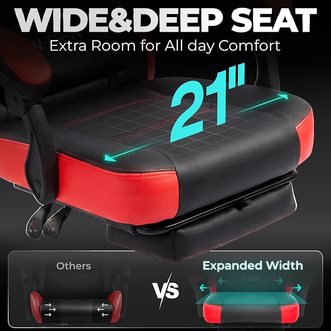 N-GEN GAMING Gaming Chair Big and Tall Computer Heavy Duty Office Desk Chair with Footrest Ergonomic Lumbar Support High Back Recliner for Adults (Red)