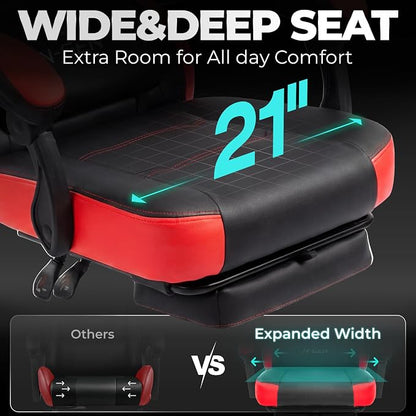 N-GEN GAMING Gaming Chair Big and Tall Computer Heavy Duty Office Desk Chair with Footrest Ergonomic Lumbar Support High Back Recliner for Adults (Red)