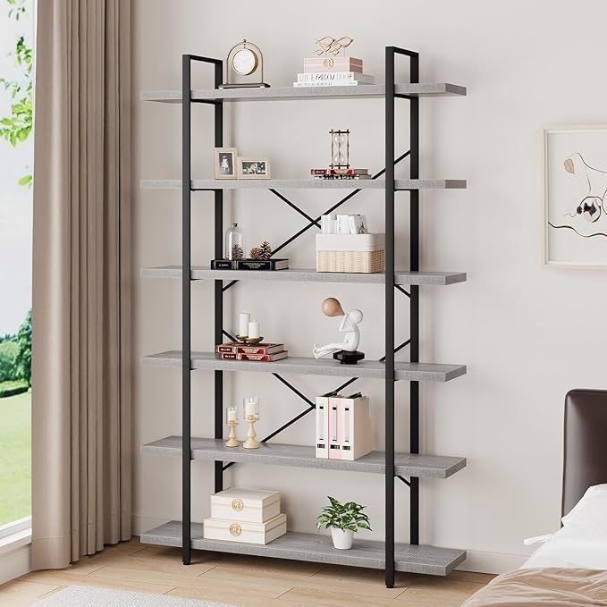 HSH 6 Tier Tall Bookshelf, Metal Wood Vertical Display Book Shelf, Industrial 6 Shelf Bookcases and Book Shelves Storage Rack, Large Open Book Case for Bedroom Living Room Office, Light Grey Oak
