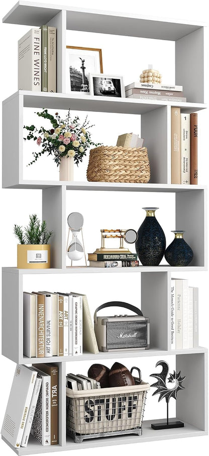 Yusong Bookshelf 5-Tier, Geometric Bookcase S Shaped Book Shelves for Bedroom, Modern Wood Decorative Display Shelf Book Case for Home Office, White