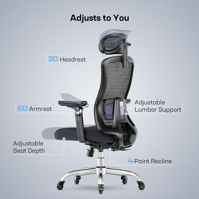 Marsail Ergonomic Office Chair with 6D Armrests, 3D Adjustable Headrest, Slide Seat, Lumbar Support, and 4-Position Tilt Lock – Big and Tall Office Chair with 330 lbs Capacity, Pack of 2