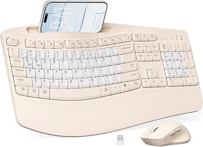 Wireless Keyboard and Mouse Combo, 2.4G Full Size Wave Keys Ergonomic Keyboard with Wrist Rest, Phone Holder, 3-Level DPI Wireless Silent Mouse with 6-Buttons, for Windows (Milk Tea-B)