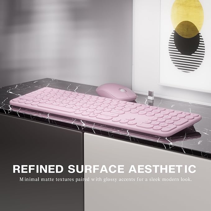 MPTOG Wireless Keyboard and Mouse Combo, Retro Round Typewriter Keys, 2.4G Silent Connection with Number Pad, Ergonomic Aesthetic Desk Set for Home Office, Laptop, PC, Mac (Pink)
