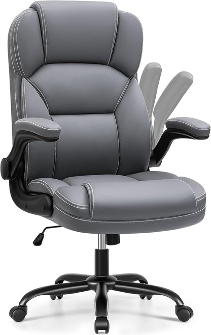 PU Leather Office Chair, Ergonomic High-Back Desk Computer & Gaming Chair with Adjustable Height, Rolling Swivel & Flip-Up Armrests, Comfy Padded Seat for Home Office-Gray