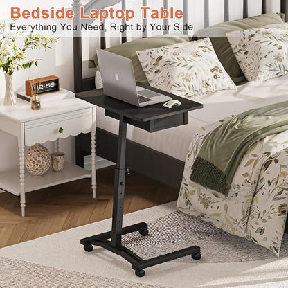 Rolling Adjustable Height Standing Desk With Drawers, Small Mobile Laptop Desk Cart On Wheels For Small Spaces Home Office, Portable Sitting Laptop Table For Bed Couch Load Up To 60LBS, Sturdy, Black
