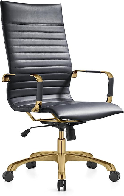LeisureMod Harris High-Back Task Office Chair - Modern Leather Upholstery with Gold Frame, Ribbed Design 360 Degree Adjustable Swivel for Home, Office, and Study Room