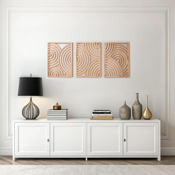 qmmp Modern Wooden Wall Sculptures - Set of 3 - Home Decor Accent - Large Wall Art for Living Room, Bedroom, Office - Easy Installation (Oak, Large - Orbit)
