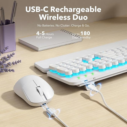Wireless Keyboard and Mouse Combo, Backlit Round Keycaps, Retro Typewriter Keyboard with Detachable Wrist Rest, Rechargeable & Tilt Legs, 2.4GHz Cordless Connection for Windows/PC (Glowing White)