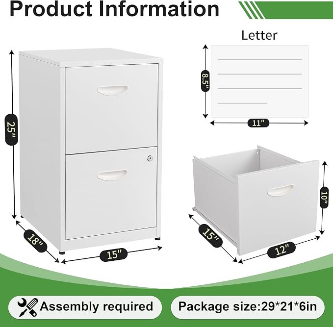 2 Drawer File Cabinet with Lock,White Small Filing Cabinet for Home Office, Metal Vertical File Under Desk Cabinets for A4/Letter,Assembly Required