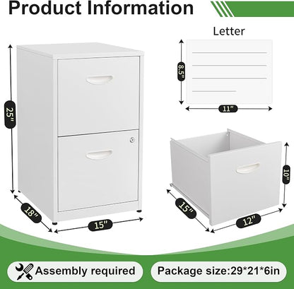 2 Drawer File Cabinet with Lock,White Small Filing Cabinet for Home Office, Metal Vertical File Under Desk Cabinets for A4/Letter,Assembly Required
