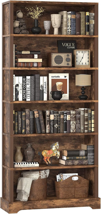 TVU 6-Tier Wooden Bookshelf, 77.2" Tall Farmhouse Style Open Bookcase, 31.5" W Standing Book Shelf with Storage, Suitable for Study, Living Room, Office, Rustic Brown