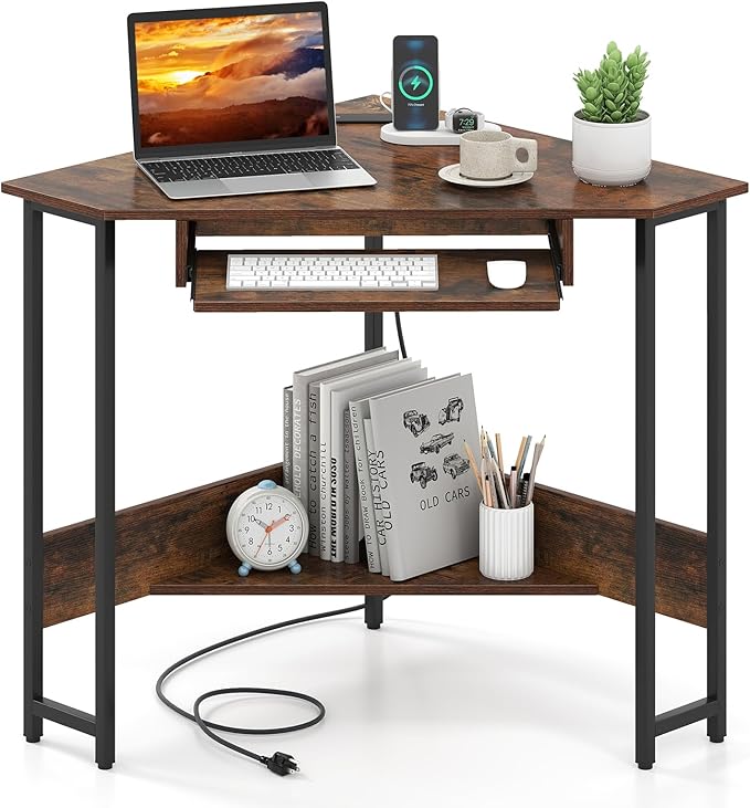 Giantex Small Corner Desk with Charging Station, Triangle Computer Desk with Keyboard Tray & Storage Shelf, Metal Corner Writing Desk for Bedroom, Small Space, Home Office, Black & Rustic Brown