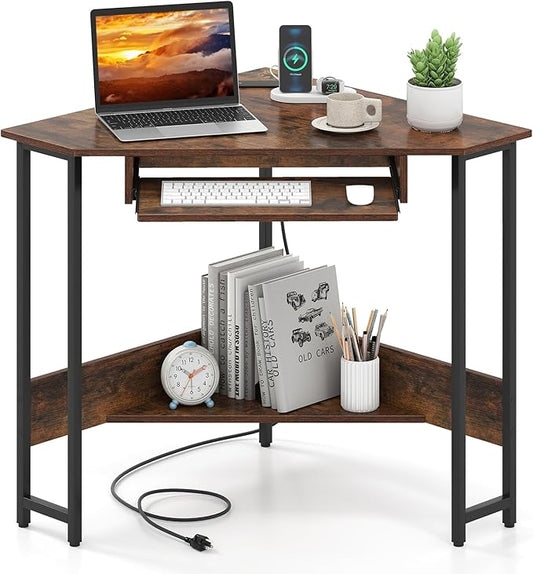 Giantex Small Corner Desk with Charging Station, Triangle Computer Desk with Keyboard Tray & Storage Shelf, Metal Corner Writing Desk for Bedroom, Small Space, Home Office, Black & Rustic Brown