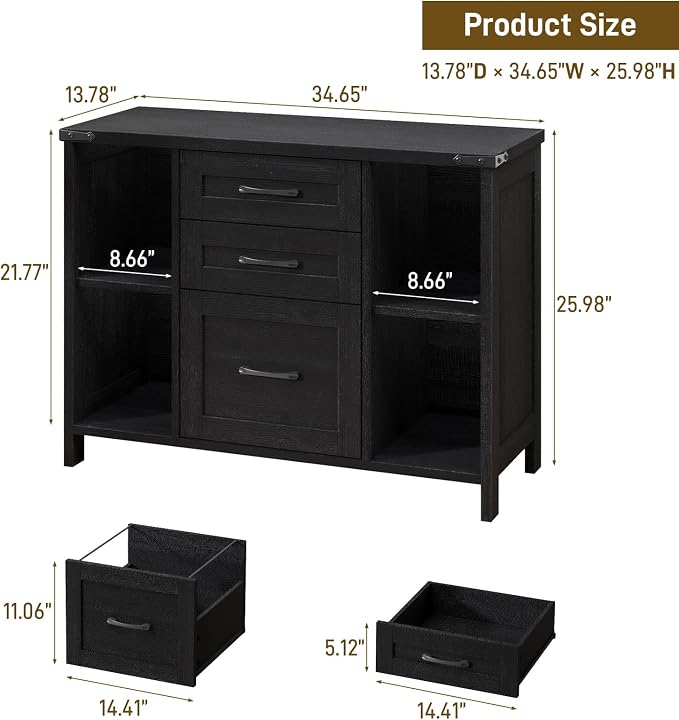 Halitaa 3 Drawer File Cabinet, Farmhouse Lateral Filing Cabinet Fits Files Letter or A4 Size, Wooden Printer Stand with Open Storage Adjustable Shelf for Home Office, Black