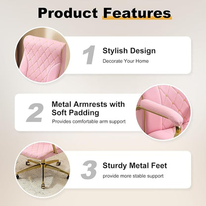 Furniliving Pink and Gold Office Chair, Leather Office Chairs, Adjustable Vanity Chair with Golden Legs and Padded Armrest, Modern Upholstered Computer Chair with Wheels,Pink
