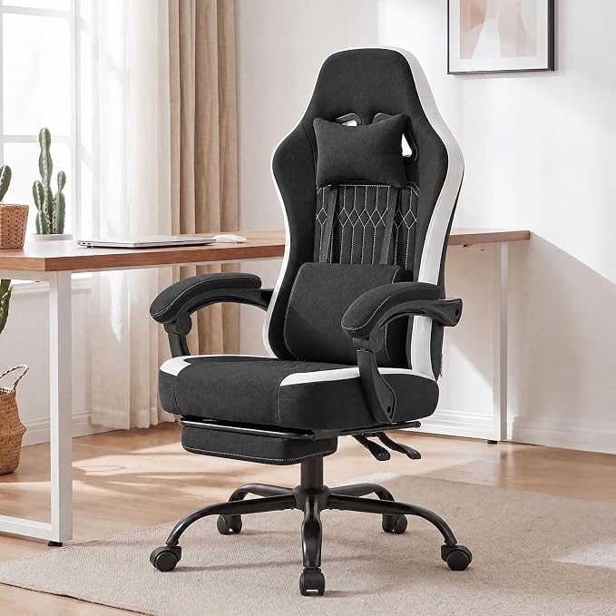 Computer Gaming Chair - High Back Ergonomic Desk Chair with Footrest and Lumbar Support, Height Adjustable Task Chair with Linkage Armrests and Headrest, 360° Swivel Wheels, Black
