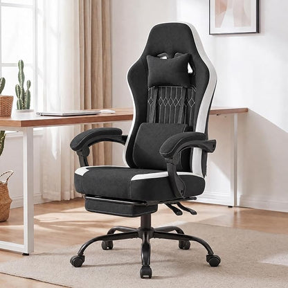 Computer Gaming Chair - High Back Ergonomic Desk Chair with Footrest and Lumbar Support, Height Adjustable Task Chair with Linkage Armrests and Headrest, 360° Swivel Wheels, Black