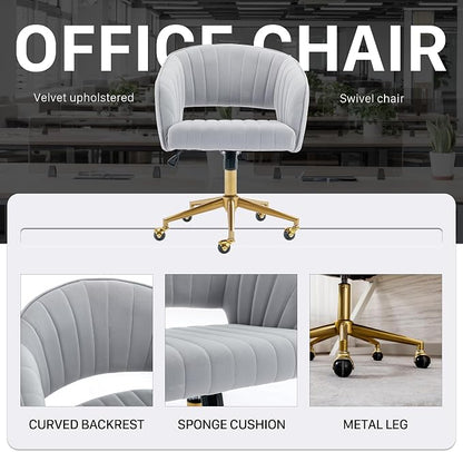 Home Office Chair Swivel Velvet Desk Chair Accent Armchair Upholstered Modern Tufted Chairs with Gold Base for Girls Women Ergonomic Study Seat Computer Task Stools for Living Room(Light Gray)