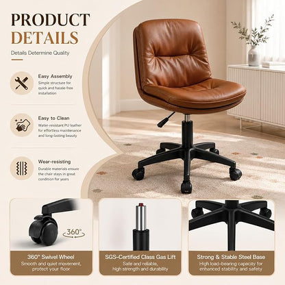 Vanity Chair with Back, PU Leather Swivel Office Desk Chair, Height Adjustable Armless Chair for Small Spaces, Bedroom, Vanity, Home Office （Brown）
