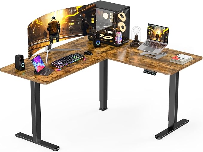 ErGear L Shaped Standing Desk, 63"x55" Electric Adjustable Height Sit Stand up Desk, Ergonomic Large Computer Table, Left & Right Interchangeable Installation, Suitable for Home Office, Vintage Brown