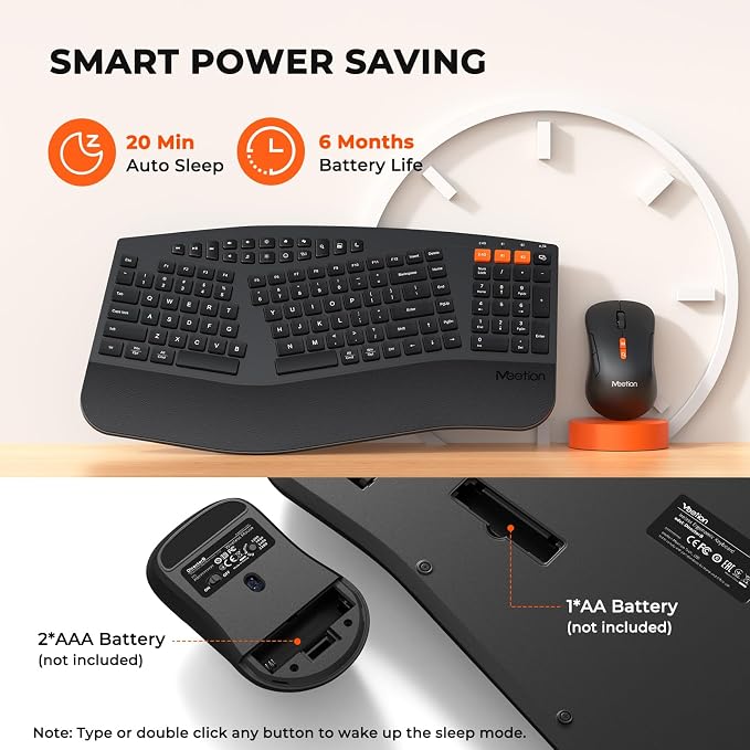 MEETION Ergonomic Keyboard and Mouse, Multi-Device Bluetooth Keyboard and Mouse Wireless, 4 DPI Adjustable Mouse, Full-Sized Split Keyboard, for PC/Computer/Laptop/Tablet/Window/Mac (2025 Upgrade)